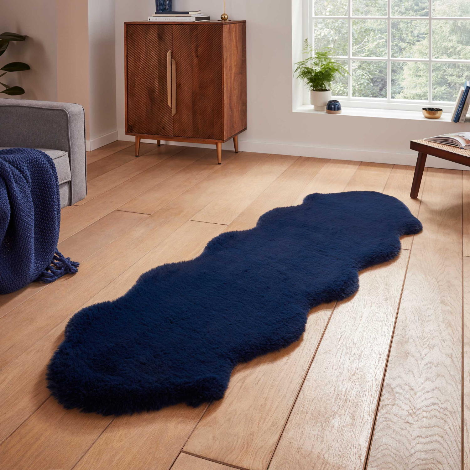 Super Teddy Plain Shaggy Faux Sheepskin Rugs In Navy Blue